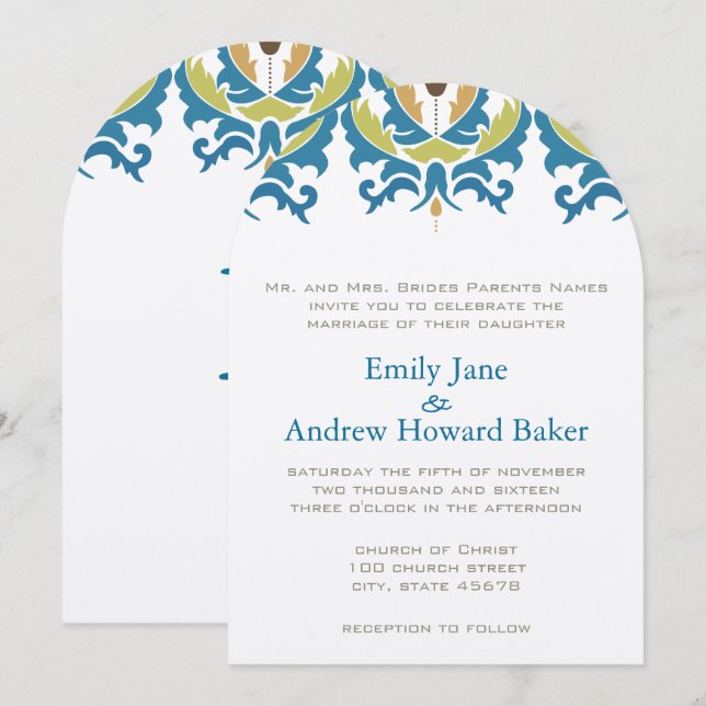 Teal Hazelnut Greenery Damask Wedding Invitation (Front/Back)