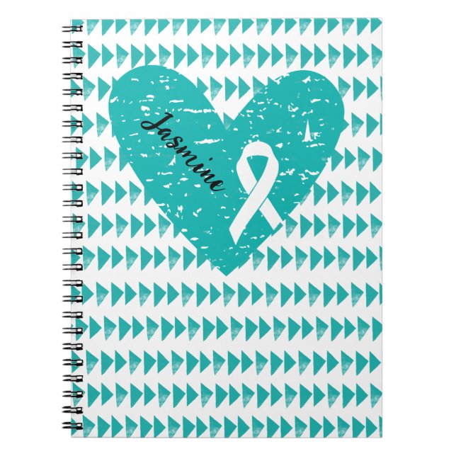 Teal Heart and Ribbon Ovarian Cancer Notebook (Front)