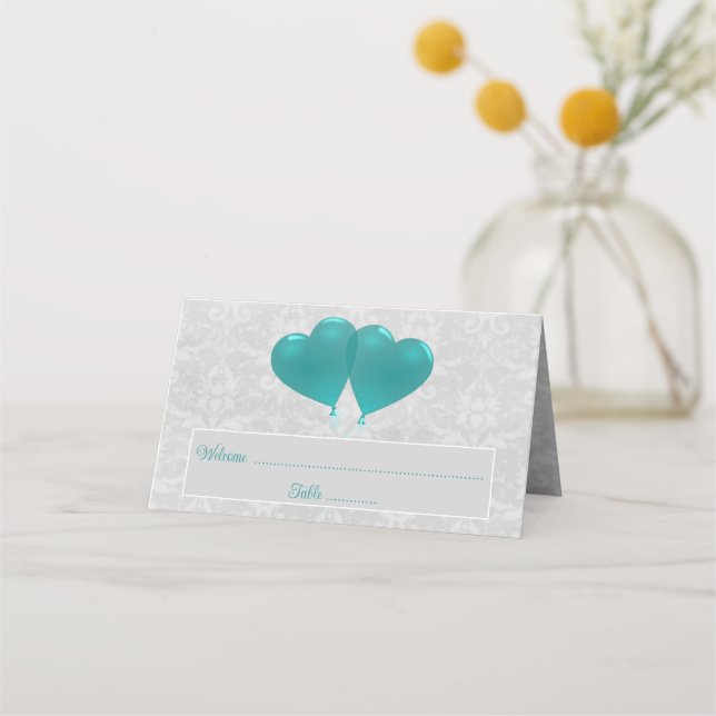 Teal Heart Balloons Reception Place Card (Front)