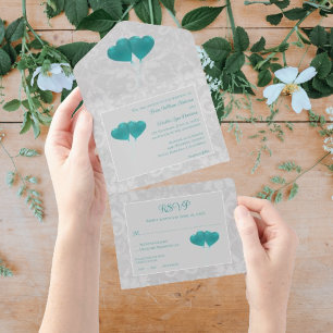Teal Heart Balloons Wedding All In One Invitation
