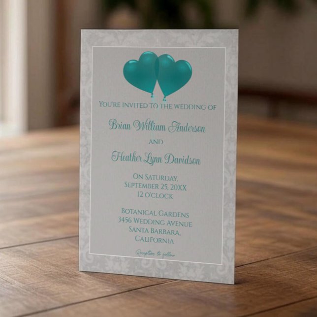 Teal Heart Balloons Wedding Invitation (Teal Heart Balloons Wedding Invitation)
