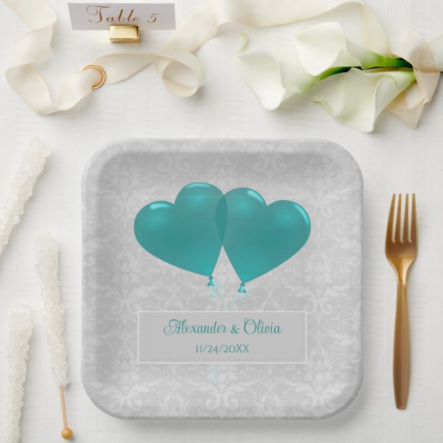 Teal Heart Balloons Wedding Shower Paper Plates (Wedding)