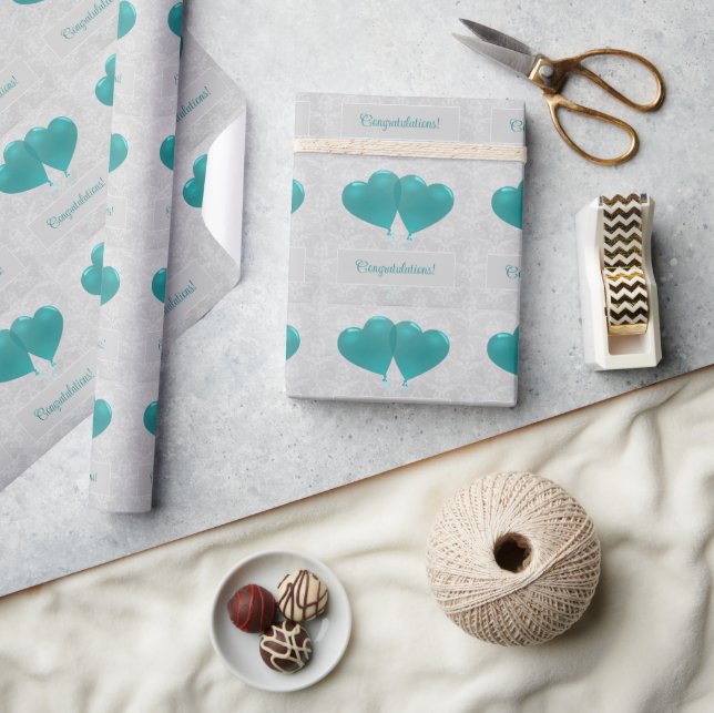 Teal Heart Balloons Wedding Wrapping Paper (Crafts)