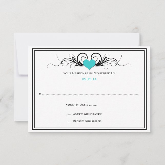 Teal Heart Black Swirls RSVP Card (Front)
