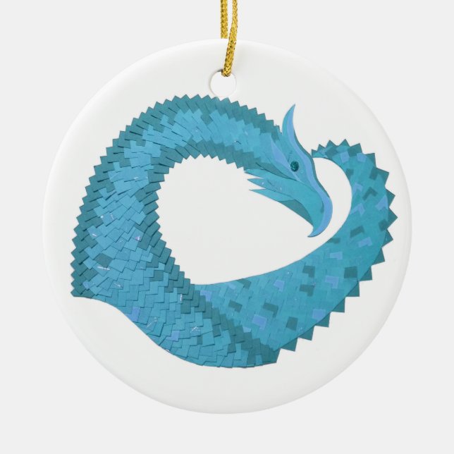 Teal heart dragon on white ceramic tree decoration (Front)