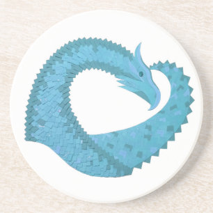 Teal heart dragon on white coaster