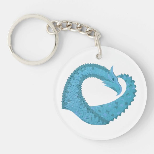 Teal heart dragon on white key ring (Front)