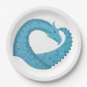 Teal heart dragon on white paper plate