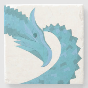 Teal heart dragon on white stone coaster