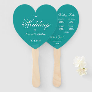 Teal Heart Elegant Script Blue Wedding Program Hand Fan