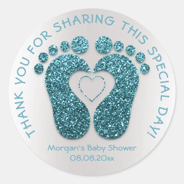 Teal Heart Feet Baby Shower Favour Thank You Grey Classic Round Sticker (Front)