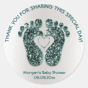 Teal Heart Feet Baby Shower Glitter Thank Sparkly Classic Round Sticker