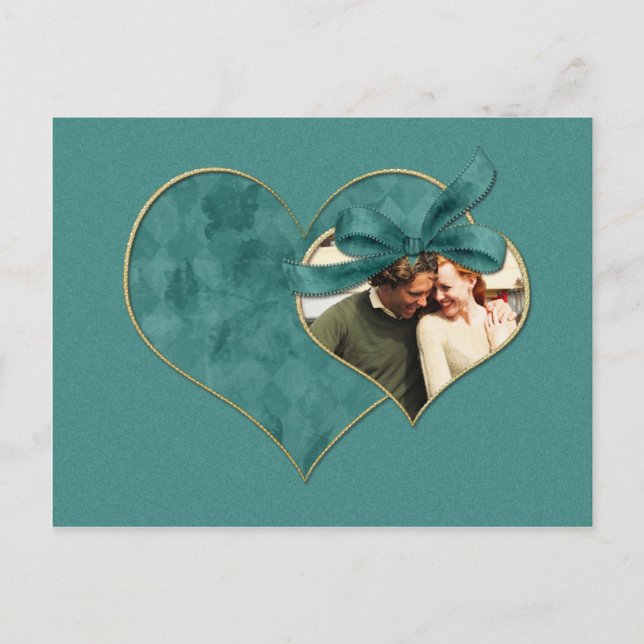 Teal Heart Photo Save The Date Announcement Postcard (Front)