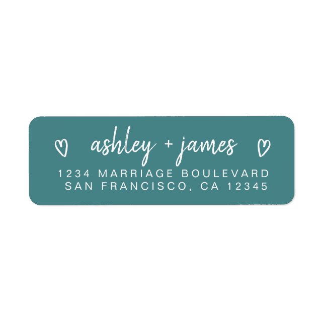 Teal Heart Script Couple Return Address Label (Front)