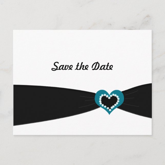 Teal Heart with Black Ribbon Save the Date Announcement Postcard (Front)