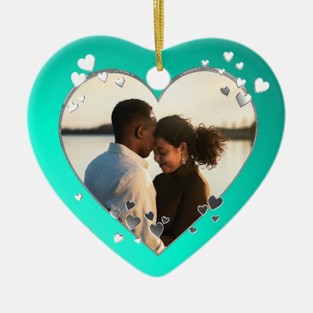 Teal Hearts and Ribbon Photo Ceramic Tree Decoration (Front)