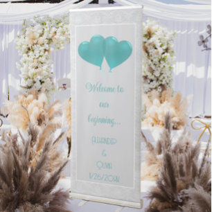Teal Hearts Balloons Wedding Retractable Banner