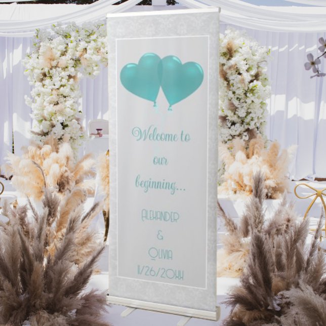 Teal Hearts Balloons Wedding Retractable Banner (Teal Heart Balloons Wedding Welcome Banner)