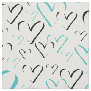 Teal Hearts Calligraphy Minimalist Heart Shapes Fabric