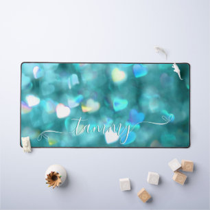 Teal Hearts Glitter Desk Mat