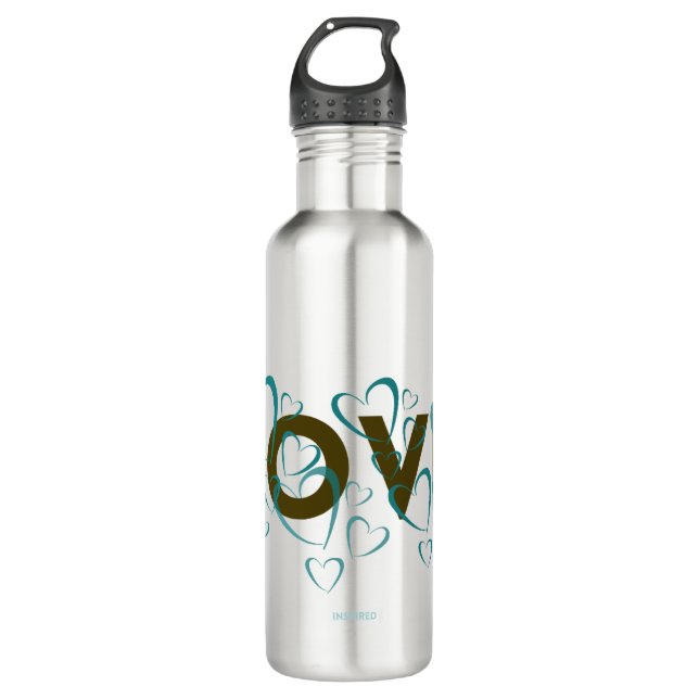 Teal Hearts Love Water Bottle (Front)