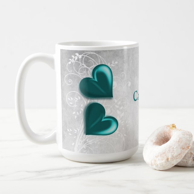 Teal Hearts Personalised Coffee Mug (With Donut)