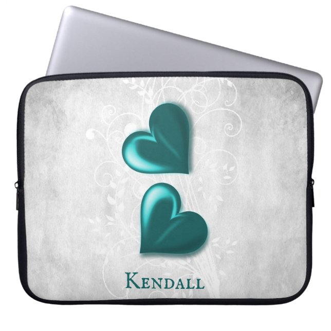 Teal Hearts Personalised Laptop Sleeve (Front)