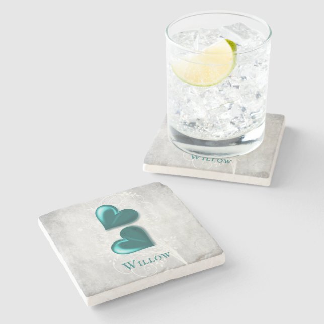 Teal Hearts Personalised Stone Coaster (Side)