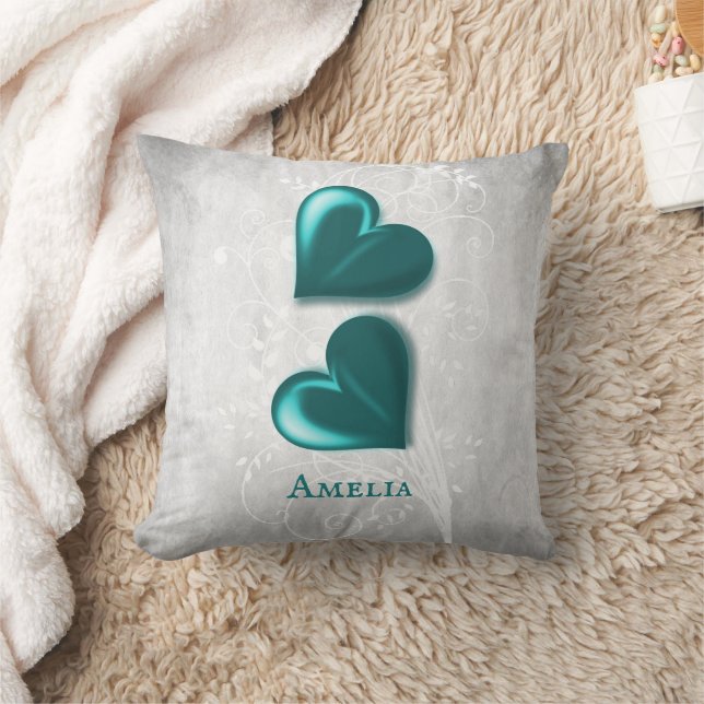 Teal Hearts Personalised Throw Pillow (Blanket)