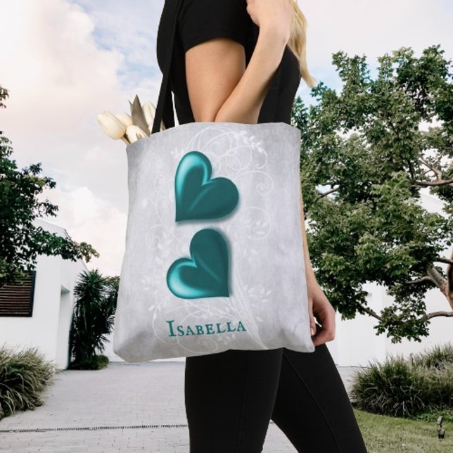 Teal Hearts Personalised Tote Bag (Teal Hearts Personalized Tote Bag)
