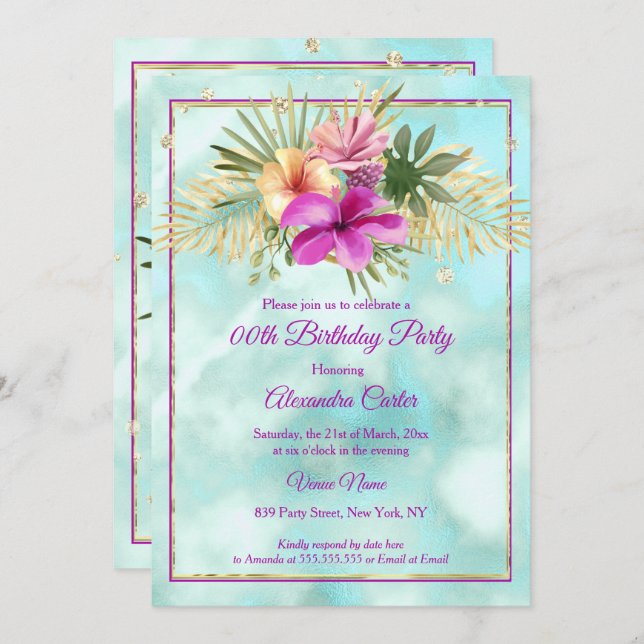 Teal Hibiscus Purple Pink marble Birthday Party Invitation (Front/Back)