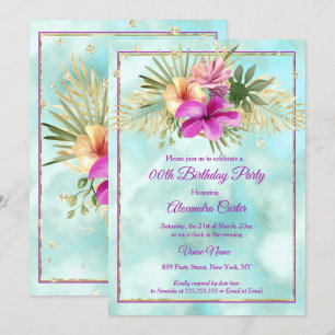 Teal Hibiscus Purple Pink marble Birthday Party Invitation