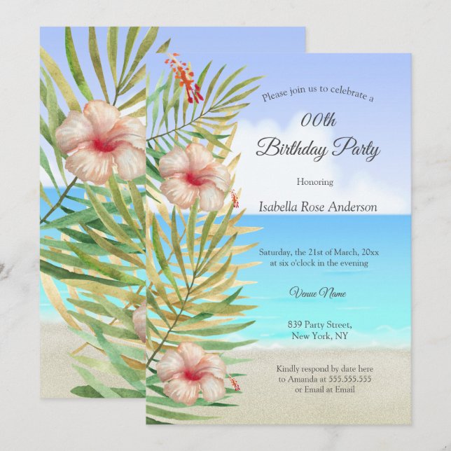 Teal hibiscus tropic Palm Beach Birthday Party Invitation (Front/Back)