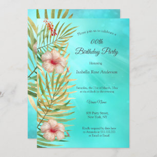 Teal hibiscus tropic Palm Gold Birthday Party Invitation