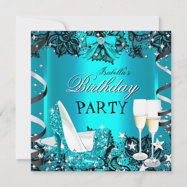 Teal High Heel Champagne Black Lace Birthday Party Invitation (Front)