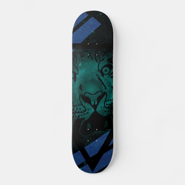 Teal Hipster Tiger Nebula with Black Triangle Skateboard (Front)