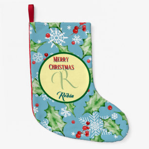 Teal Holiday Botanical Christmas Bells & Gifts Small Christmas Stocking