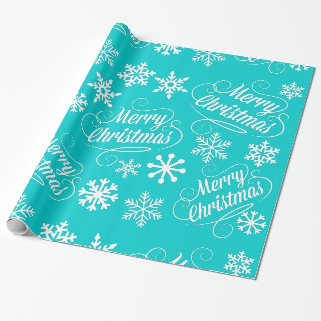 Teal Holiday Snowflakes Merry Christmas Gift Wrap (Unrolled)