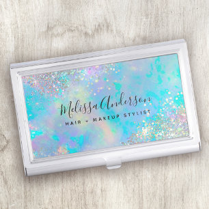Teal Holographic Glitter Stone Business Card Holder