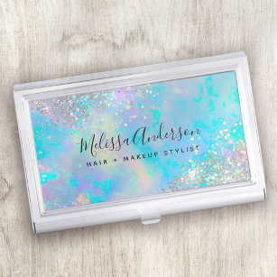 Teal Holographic Glitter Stone Business Card Holder