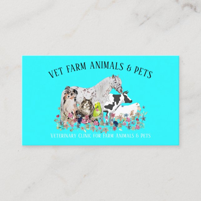 Teal Horse Cow Sheep Dog Cat Bird Veterinary Business Card (Front)