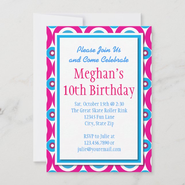 Teal Hot Pink Circles Birthday Party Invitations (Front)