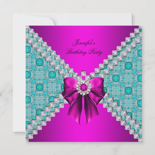 Teal Hot Pink Diamonds Elegant Birthday Party Invitation (Front)