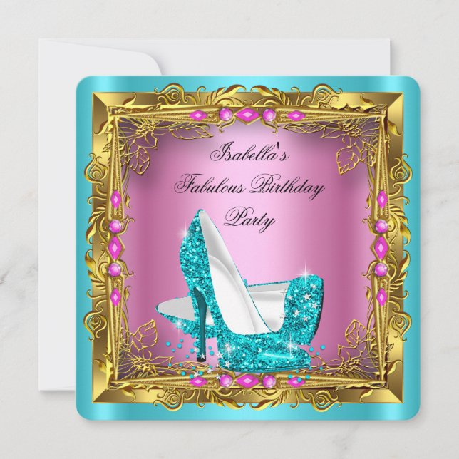 Teal Hot Pink Glitter High Heels Birthday Party Invitation (Front)