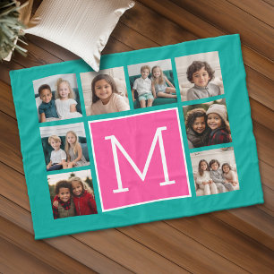Teal Hot Pink Instagram 8 Photo Collage Monogram Fleece Blanket