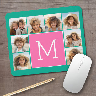 Teal & Hot Pink Instagram 8 Photo Collage Monogram Mouse Mat