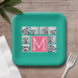 Teal & Hot Pink Instagram 8 Photo Collage Monogram Paper Plate<br><div class="desc">Vibrant Turquoise Green and a Magenta Pink Background - You can use square or selfie photos for this design. Use eight square photos to create a unique and personal gift. Or you can keep the hipster puppy and make a trendy keepsake. If you need to adjust the pictures, click on...</div>