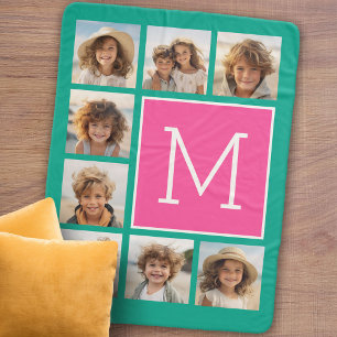 Teal & Hot Pink Square 8 Photo Collage Monogram Sherpa Blanket