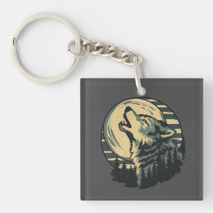 Teal Howling Wolf Moon Art Key Ring