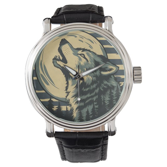 Teal Howling Wolf Moon Art Watch (Front)